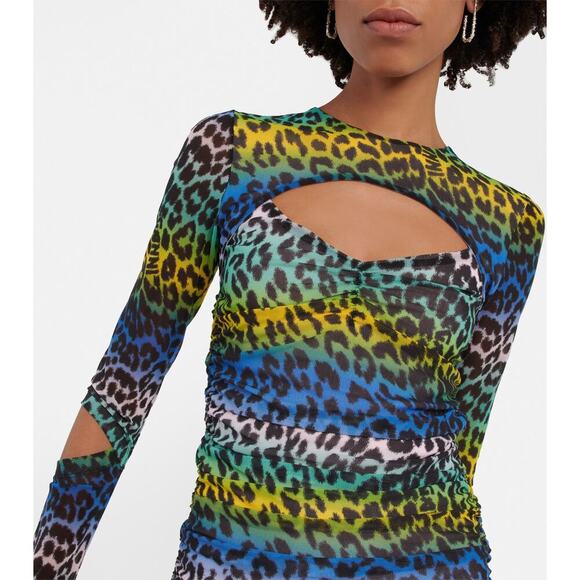 Ganni Leopard Print Cutout Mini Dress Multicolor Size 4 - Picture 3 of 8